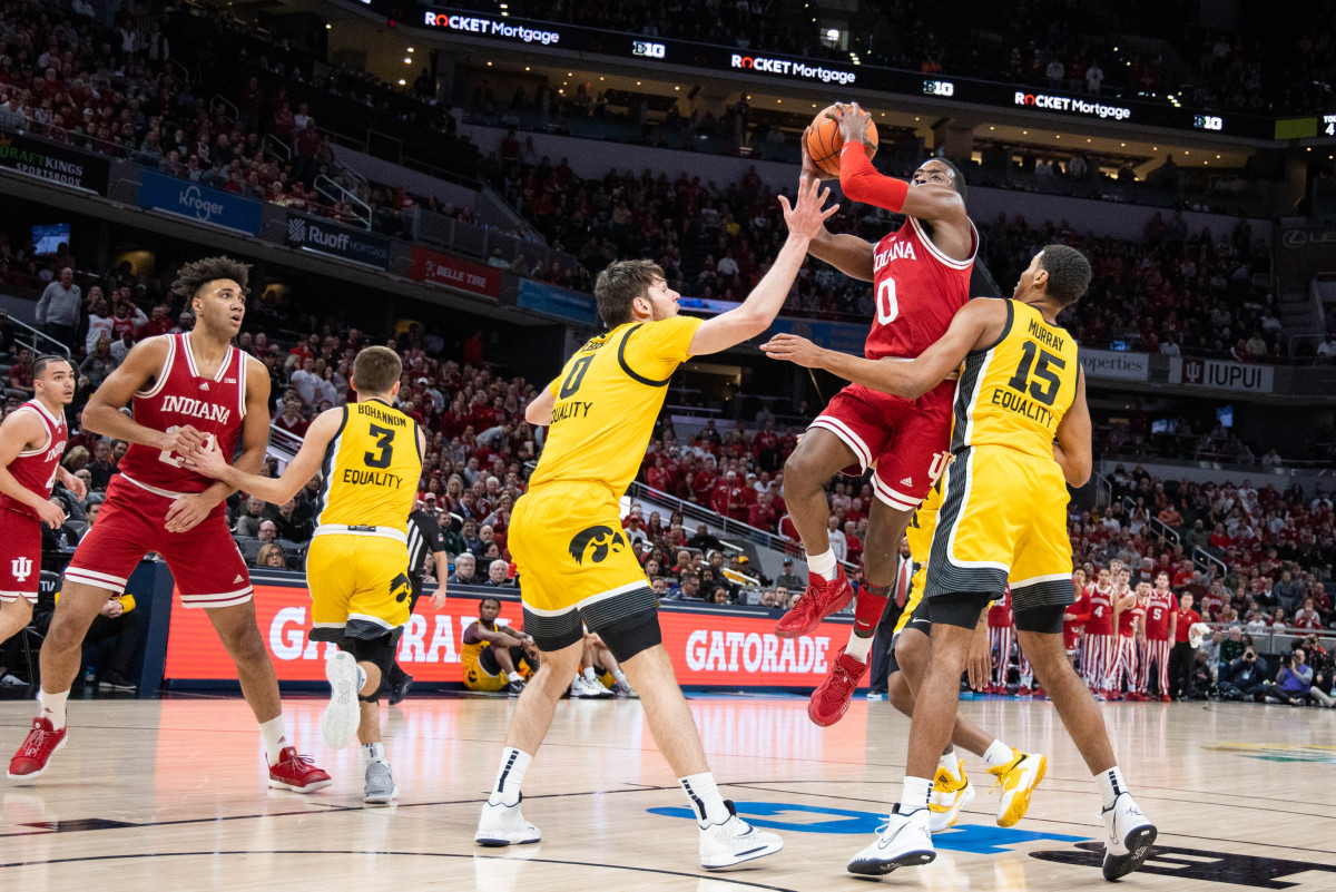 Xavier Johnson goes in for a shot in Indiana's semifinals matchup versus Iowa.